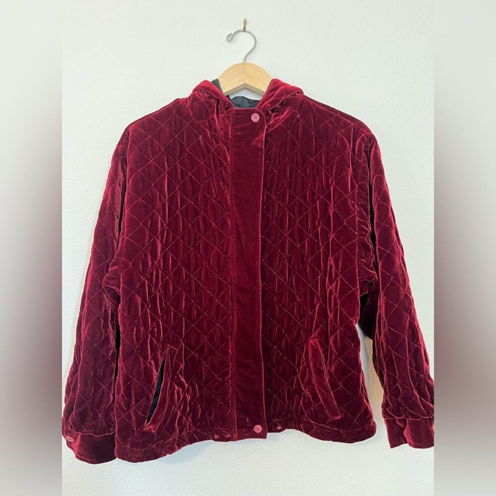 Uniform John Paul Richard burgundy velvet quilted hooded jacket.
